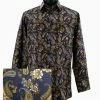 Sangi Long Sleeve Button Down Casual Printed Men's Shirt - Paisley Pattern Navy & Gold #FM 47 Shirts