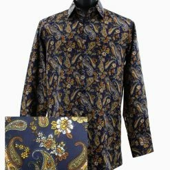 Sangi Long Sleeve Button Down Casual Printed Men's Shirt - Paisley Pattern Navy & Gold #FM 47 Shirts