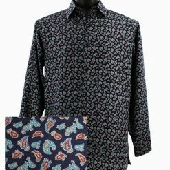 Shirts Sangi Long Sleeve Button Down Casual Printed Men's Shirt - Paisley Pattern Navy #FM 49