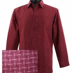 Sangi Long Sleeve Button Down Casual Printed Men's Shirt - Gingham Pattern Burgungry #FM 64
