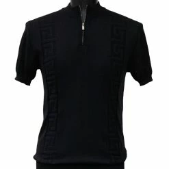 Bassiri Men's Zip Short Sleeve Sweater - Greek Key Pattern Black #Q 126
