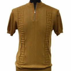 Bassiri Men's Zip Short Sleeve Sweater - Greek Key Pattern Gold #Q 126