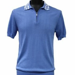 Bassiri Men's Zip Polo Short Sleeve Sweater - Greek Key Pattern Blue #Q 127