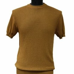 Bassiri Men's Round Neck Short Sleeve Sweater - Jacquard Squares Pattern Gold #Q 131