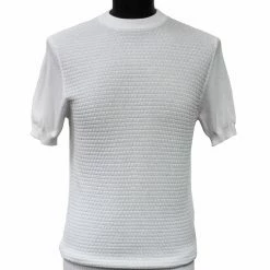 Bassiri Men's Round Neck Short Sleeve Sweater - Jacquard Squares Pattern White #Q 131