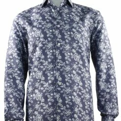 Shirts Sangi Long Sleeve Button Down Casual Printed Men's Shirt - Floral Pattern Blue #S 1054