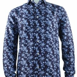 Shirts Sangi Long Sleeve Button Down Casual Printed Men's Shirt - Floral Pattern Navy #S 1057
