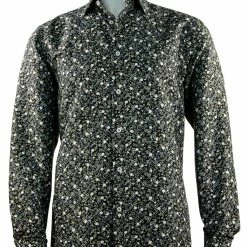 Shirts Sangi Long Sleeve Button Down Casual Printed Men's Shirt - Floral Pattern Black #S 1085