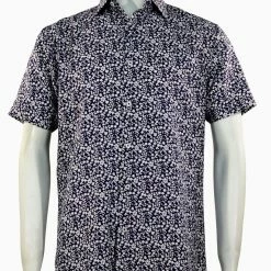 Shirts Sangi Short Sleeve Button Down Casual Printed Men's Shirt - Floral Pattern Navy #S 2027