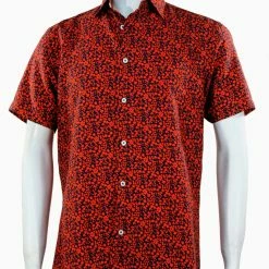Sangi Short Sleeve Button Down Casual Printed Men's Shirt - Floral Pattern Red #S 2029