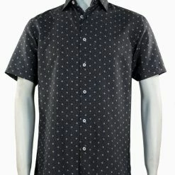 Sangi Short Sleeve Button Down Casual Printed Men's Shirt - Diamonds Pattern Black #S 2039