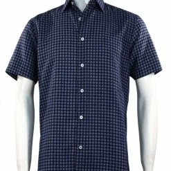 Shirts Sangi Short Sleeve Button Down Casual Printed Men's Shirt - Circle Pattern Navy #S 2047