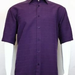 Shirts Sangi Short Sleeve Button Down Casual Tone On Tone Men's Shirt - Grid Pattern Purple #S 3820