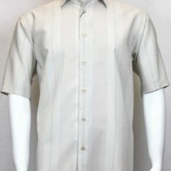 Sangi Short Sleeve Button Down Casual Tone On Tone Men's Shirt - Stripe Pattern Cream #S 3823 Shirts
